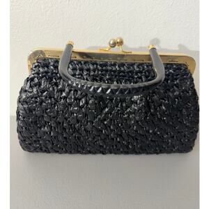 Vintage 1960s Simon Black Raffia Kisslock Handbag Lucite Handle Made in Italy